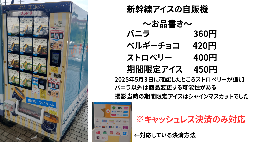 新幹線アイスの自販機のお品書き