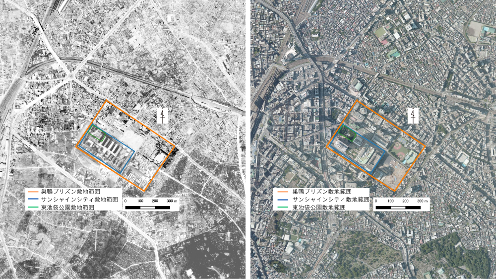 巣鴨プリズン付近航空写真　1947・2019年